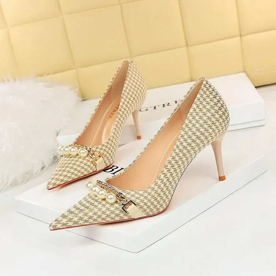 Shallow Mouth Pointed Pearl Chain Plaid Women's Single Shoes - DanaFashionstore