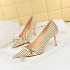 Shallow Mouth Pointed Pearl Chain Plaid Women's Single Shoes - DanaFashionstore
