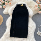 Early Autumn Hong Kong Style Retro Split Skirt Winter With Sweater Mid-length
