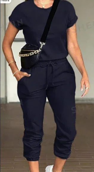 2pcs Women Solid Color Round Neck Short Sleeve Top And Drawstring Pocket Long Pants Casual Suit - DanaFashionstore