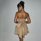 Tube Top Lace Dress With Back Bow-knot Summer Fashion Temperament Mesh Stitching Off-neck Short Skirt - DanaFashionstore