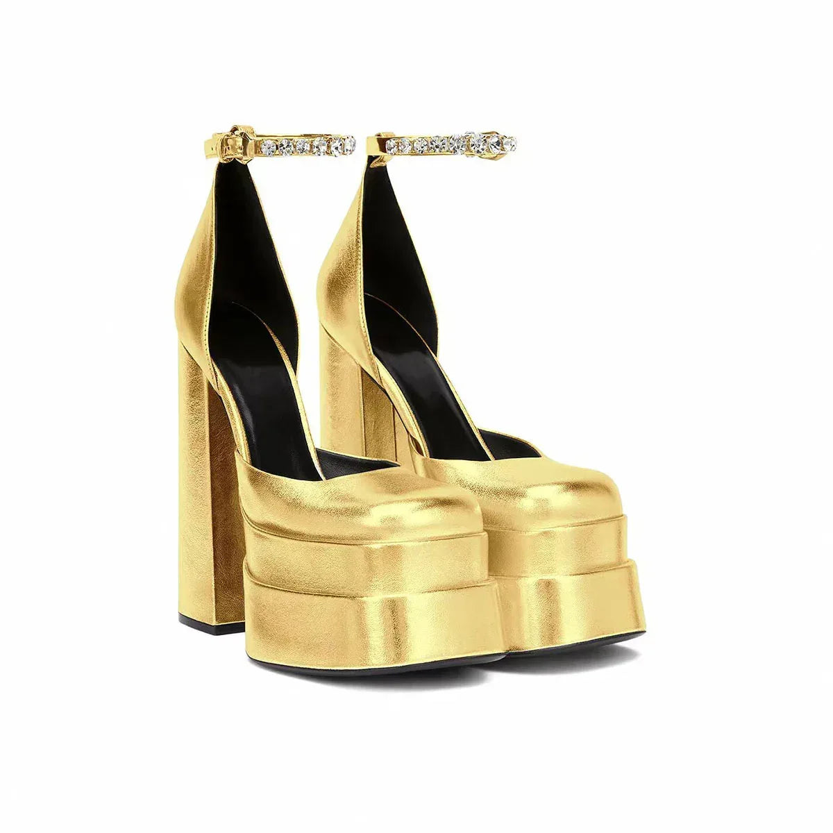 Golden Square Head Hollow Waterproof Platform Buckled Chunky Heel Super High Heel - DanaFashionstore