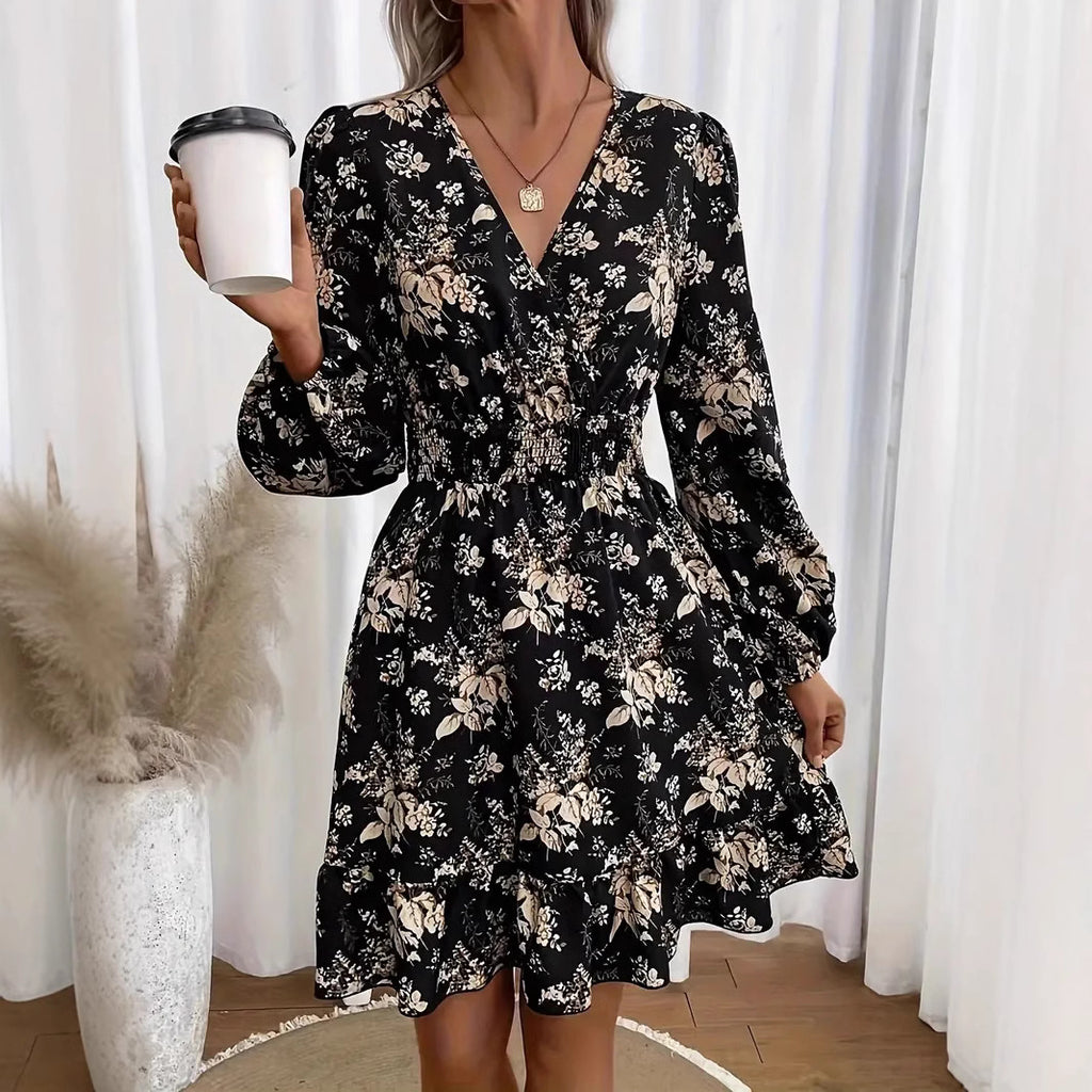 V-neck Floral Print Long Sleeve Dress