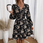 V-neck Floral Print Long Sleeve Dress