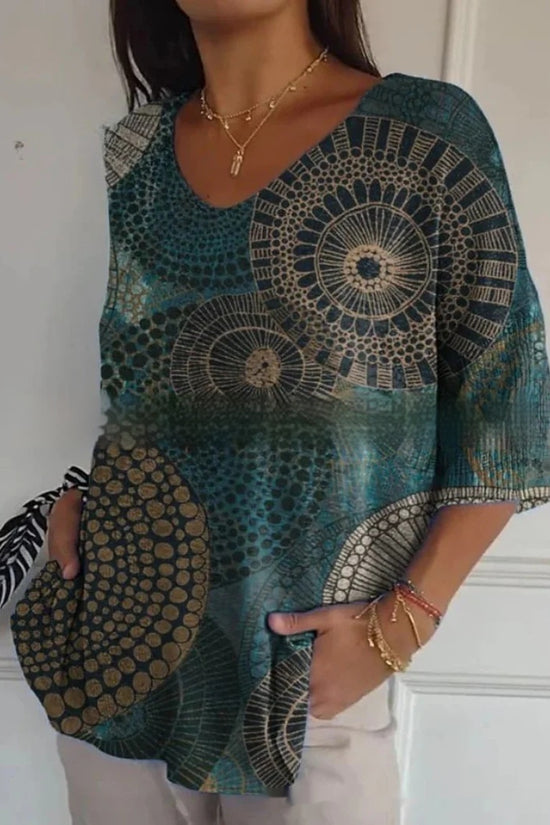 New Fashion Casual V-neck 3D Printed Geometric Pattern Half Sleeve T-shirt Top For Women