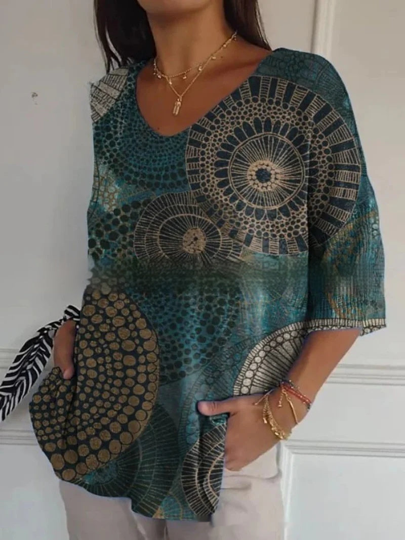 New Fashion Casual V-neck 3D Printed Geometric Pattern Half Sleeve T-shirt Top For Women