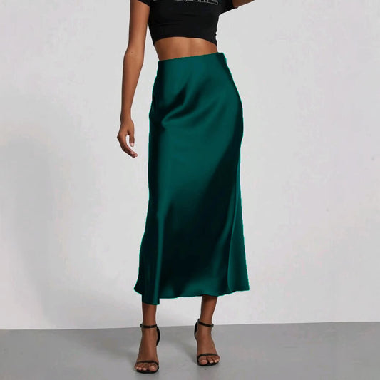 Women's Slim Fit Satin Skirt Fashion Chic Solid Long Skirt