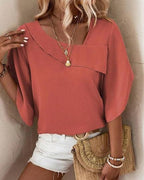 Solid Asymmetrical Neck Petal Sleeve Blouse - DanaFashionstore