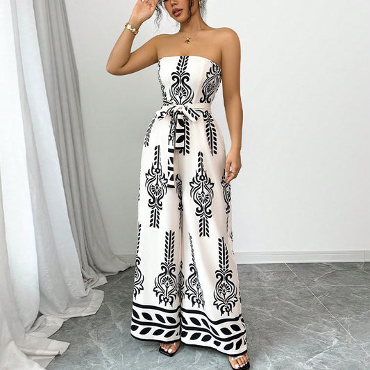 Women's Wide-leg Slim Fit Tied Printed Jumpsuit