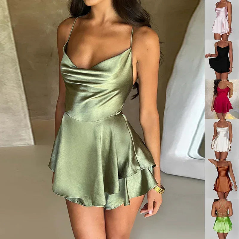 Sexy Suspender Dress Women 2026 - Backless Satin A-Line Party Dress - DanaFashionstore