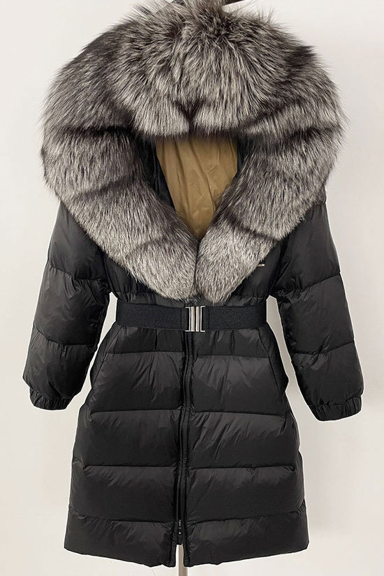 Women's Long Cinched Hoodie Real Fox Fur Collar Coat
