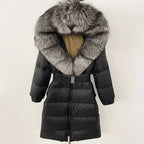 Women's Long Cinched Hoodie Real Fox Fur Collar Coat 2026 - Winter Jacket - DanaFashionstore
