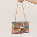 Bag Women's Vacation Style Multi-compartment Chain Flap Screw Lock Straw Bag - DanaFashionstore