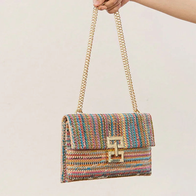 Bag Women's Vacation Style Multi-compartment Chain Flap Screw Lock Straw Bag - DanaFashionstore