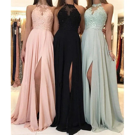 Halter Lace Chiffon Dress Prom Evening Dress Split Long Skirt - DanaFashionstore