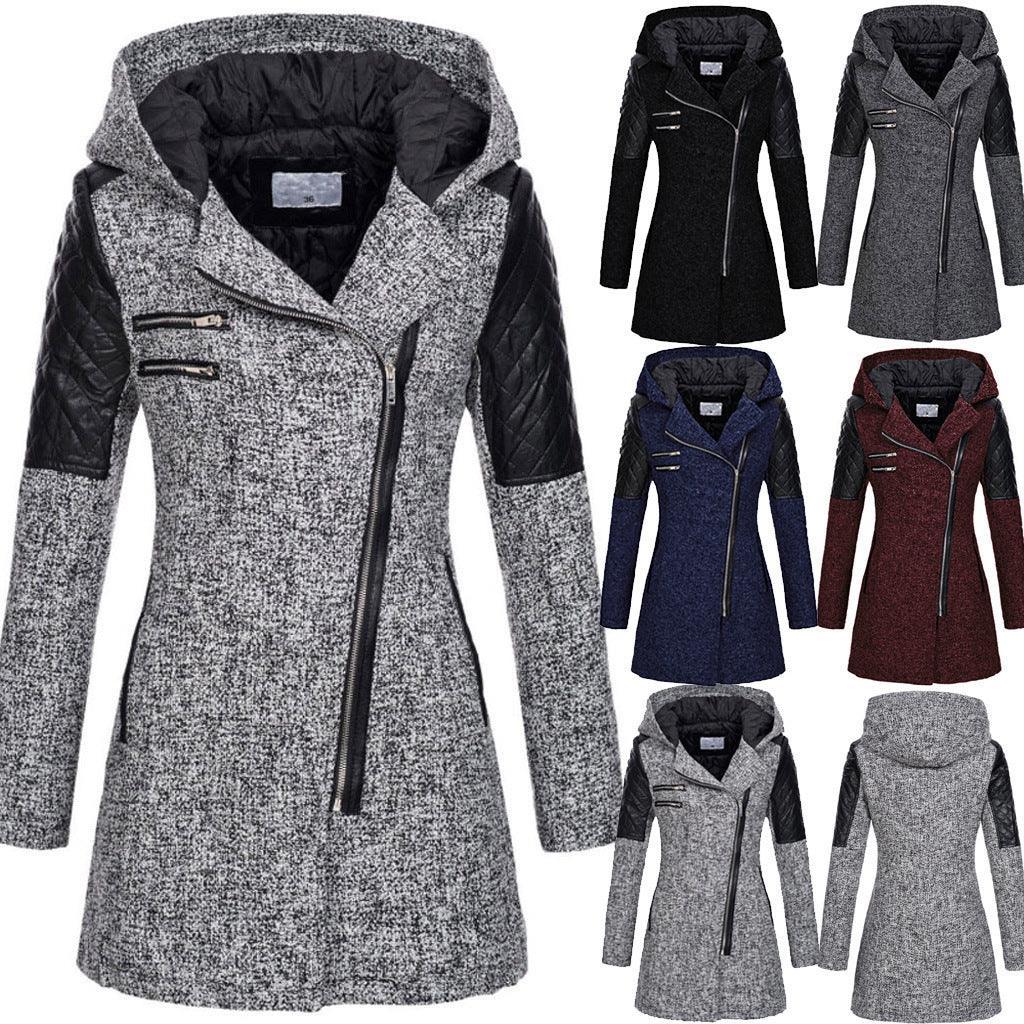 Women Warm Slim Full Zipper Coat Thick Woolen Coat Female Fall Winter Windbreaker Hooded Diagonal Zipper Women's Clothing - DanaFashionstore