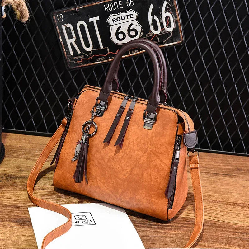 Vintage Handbag Women PU Leather Tassel Top-handle Bag Fashion Lady Tote Luxury Large Capacity Shoulder Bag - DanaFashionstore