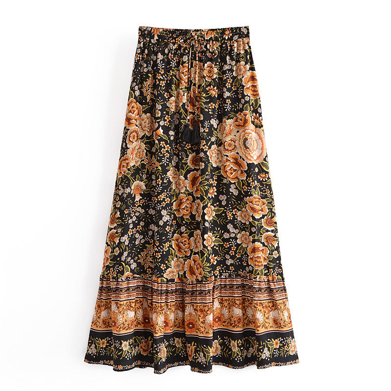 Women's Printed Positioning Flower Tassel Elastic Waist Skirt - Dana Fashion
