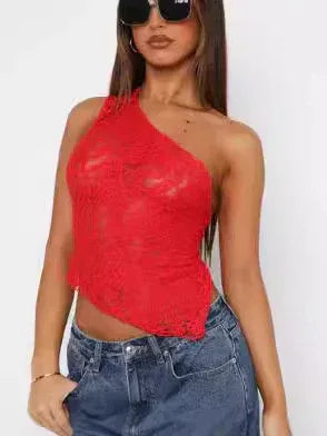 Ins Lace Backless Top Summer Solid Color Waistless Asymmetrical Sloped Neck Vest Streetwear Womens Clothes - DanaFashionstore