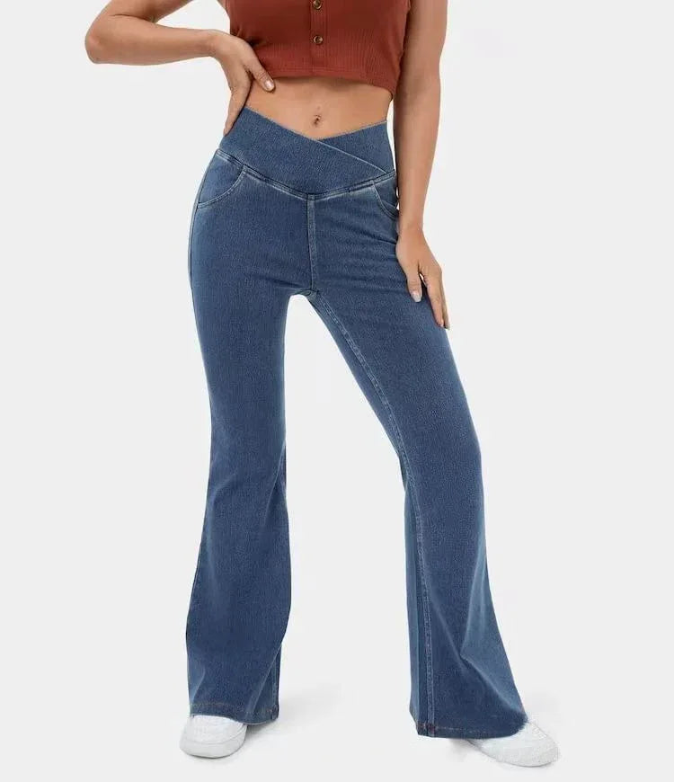 High Imitation Denim Bell-bottom Pants Cross-border Hip Lifting European And American Women Bell-bottom Pants - DanaFashionstore