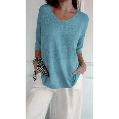Solid Long Sleeve Sweater Slimming V-neckline Knitwear Women's Bottoming Shirt - DanaFashionstore