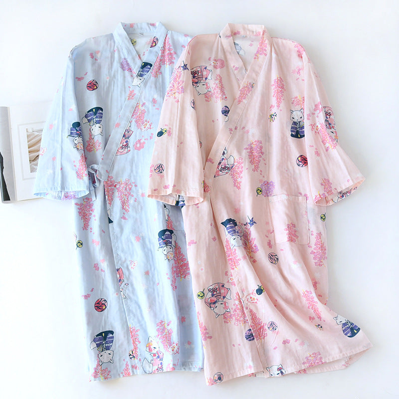 Women Bathrobe Nightdress Long Sleeve Nightgown Cotton Gauze - Dana Fashion