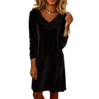 Elegant Solid Color Swing Collar Long Sleeved Velvet Dress Temperament Gentle Skirts For Women Cocktail Party Formal Dresses - DanaFashionstore