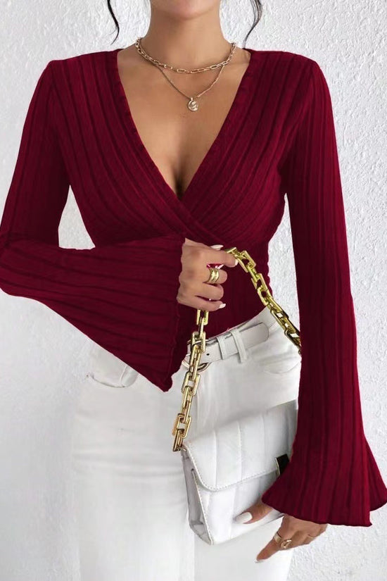 Women's Autumn And Winter Rib Sunken Stripe V-neck Flared Slim-fit Long Sleeve T-shirt Elegant Women's Top