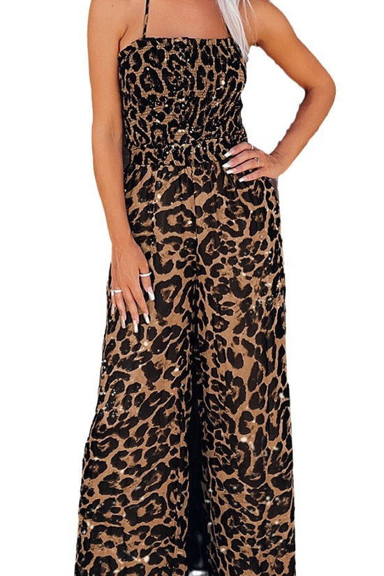 Women's Leopard Print Halter Backless Jumpsuit