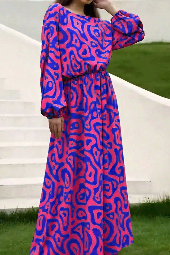 2pcs Women's Dress Suits Fashion Loose Printed Long Sleeve Top And High Waist Long Skirt