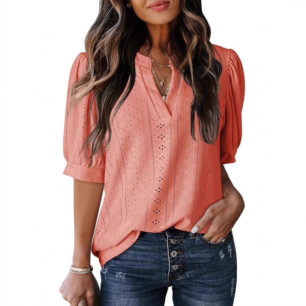 Women's Summer Business Casual Blouse V-neck Short Sleeve Shirt