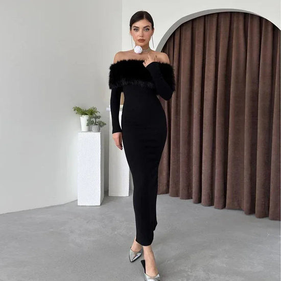 Off-shoulder Fur Collar Slim Fit Dress Women - DanaFashionstore