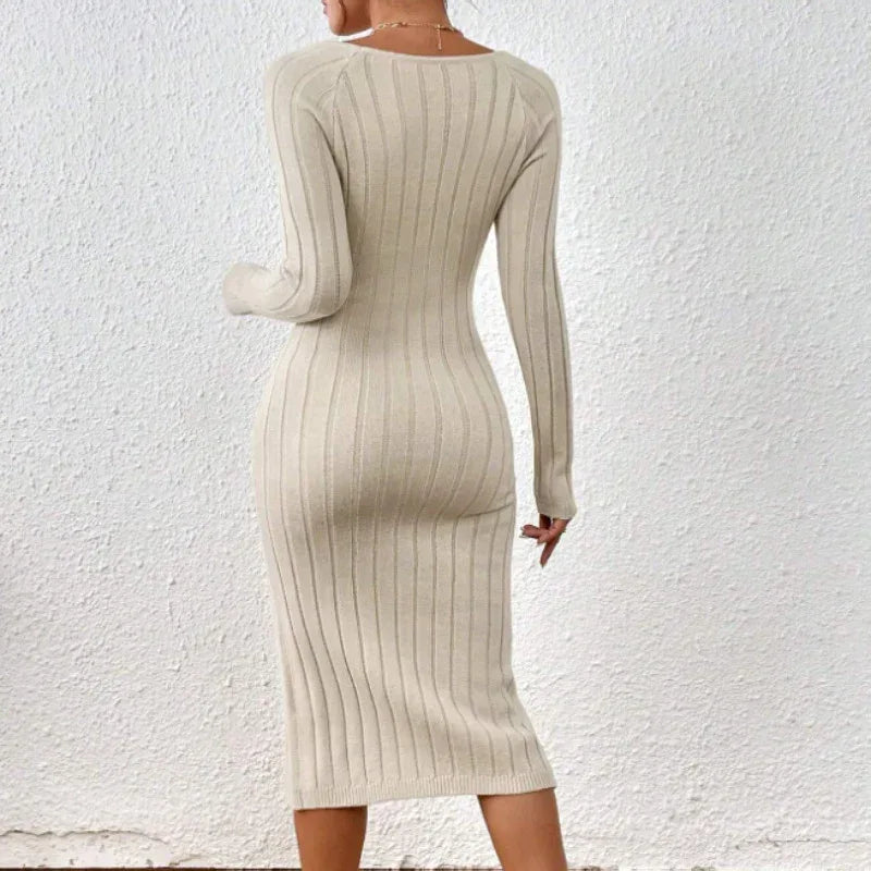 Square Collar Knitted Dress Women 2026 - Long Sleeve Geometric Dress - DanaFashionstore