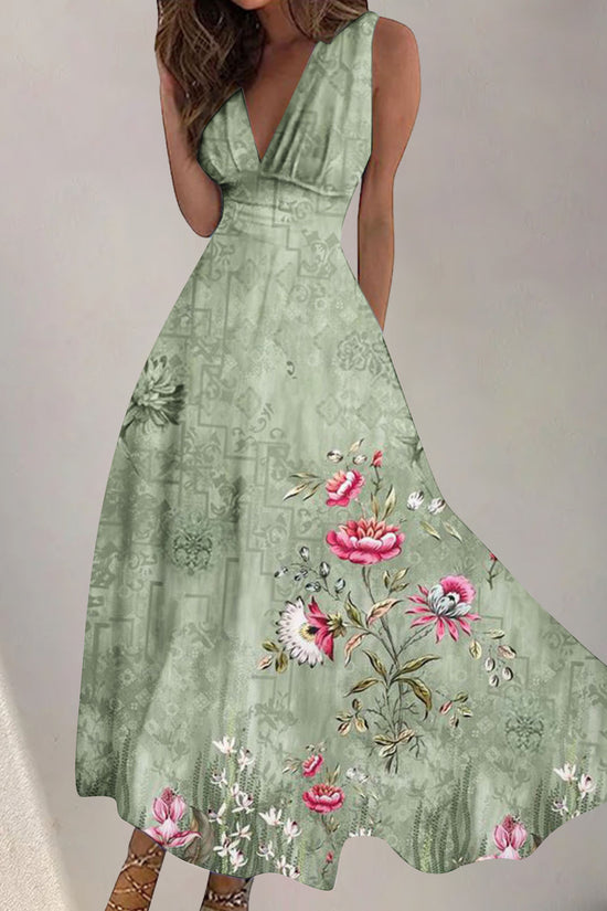 Women's Digital Printing Fashion V-neck Swing Long Dress