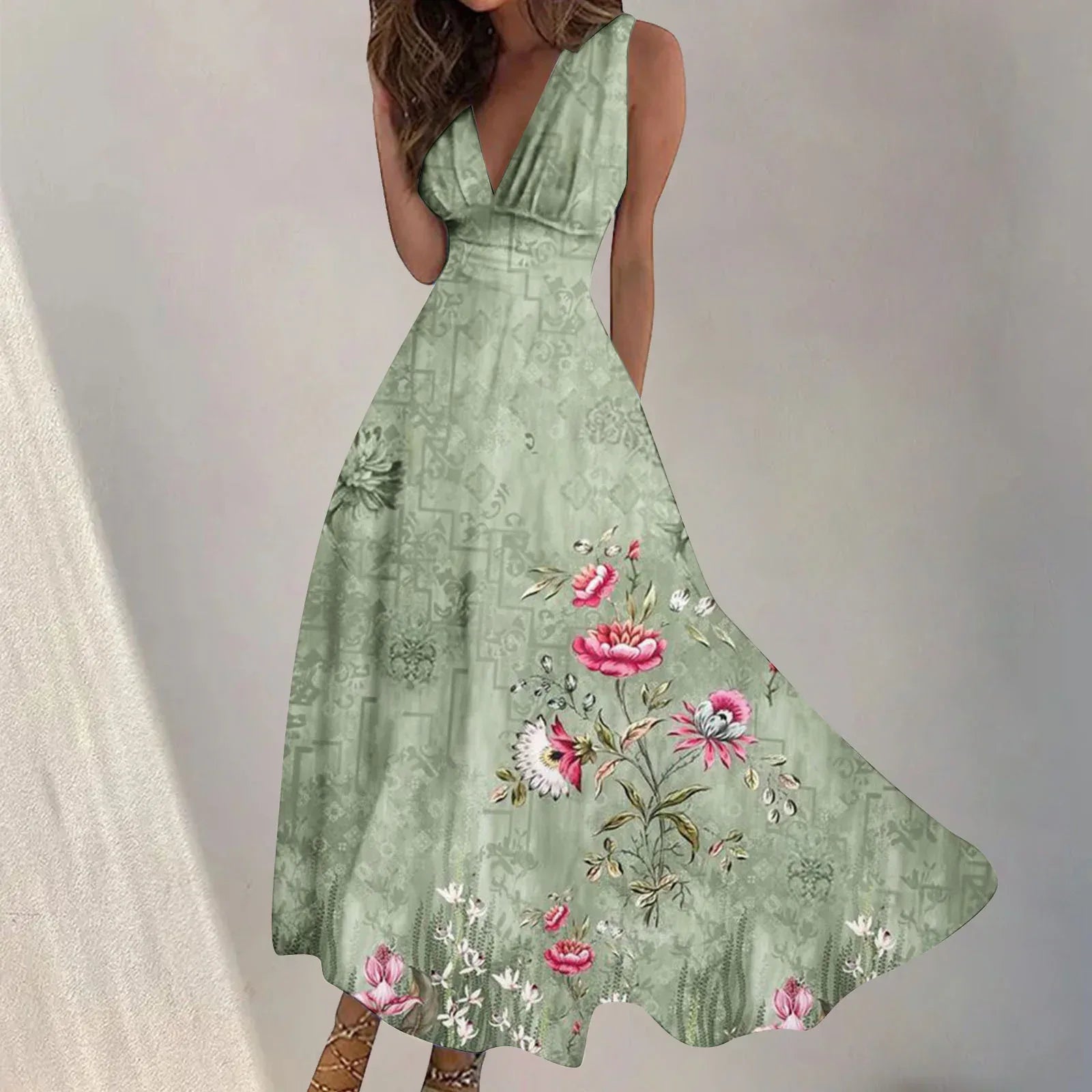 Digital Print V-Neck Swing Dress 2026 - Fashion Long Dress - DanaFashionstore
