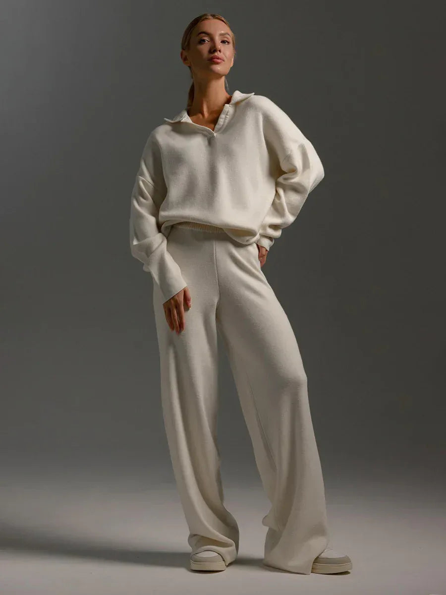 Women's Sweatshirt Suit Casual Collared Long-Sleeved Pullover Top And Loose Straight-Leg Pants Fashion Sport Trousers Set - DanaFashionstore
