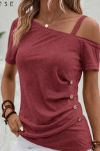 EMERY ROSE Asymmetrical Collar Button Detail T-Shirt - DanaFashionstore