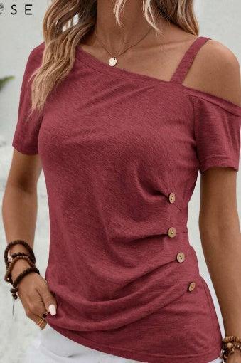 EMERY ROSE Asymmetrical Collar Button Detail T-Shirt - DanaFashionstore