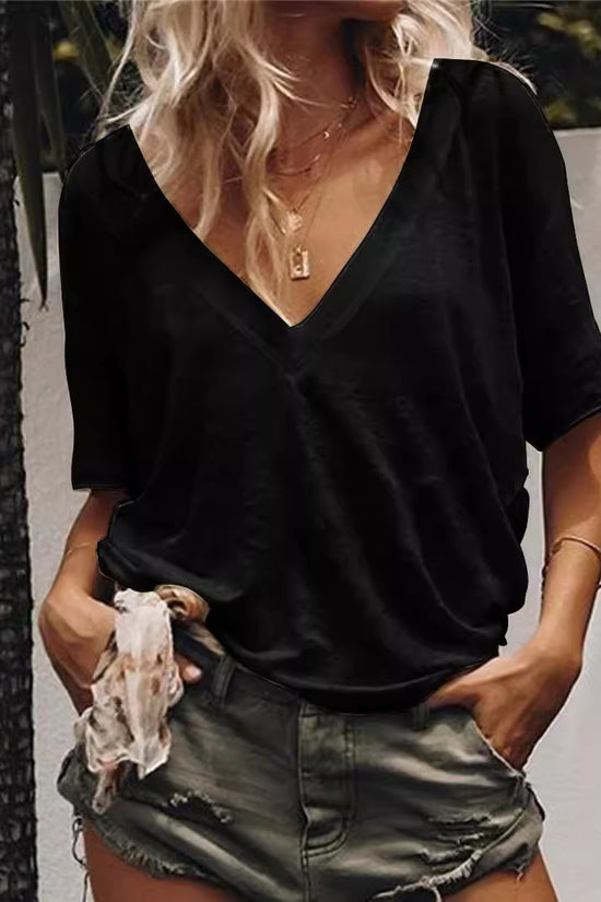 New Style Deep V Neck Short Sleeved Solid Color Casual T Shirt Women's Top