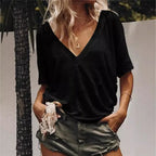 New Style Deep V Neck Short Sleeved Solid Color Casual T Shirt Women's Top - DanaFashionstore
