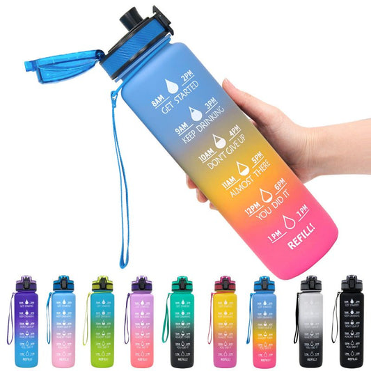 1L Tritan Water Bottle With Time Marker Bounce Cover Motivational Water Bottle Cycling Leakproof Cup For Sports Fitness Bottles $44.15 Dana Fashion Color: Blue red gradient set capacity: 1L Dana's Kitchen Overview: 1. Unique Motivational Design: This high