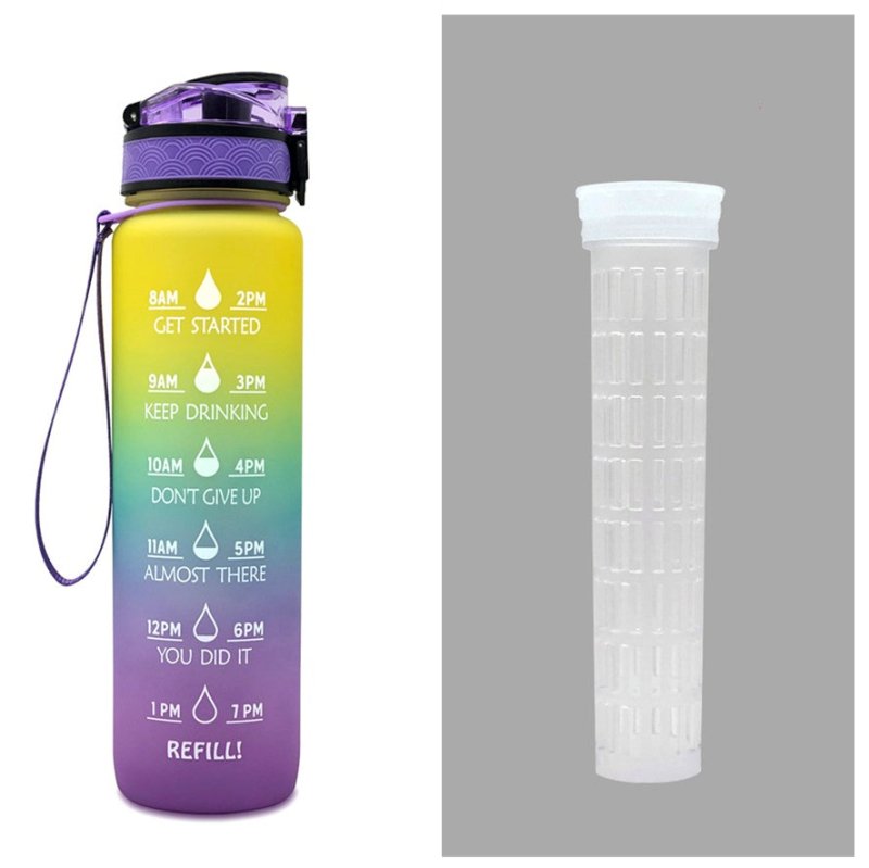 1L Tritan Water Bottle With Time Marker Bounce Cover Motivational Water Bottle Cycling Leakproof Cup For Sports Fitness Bottles $34.24 Dana Fashion Color: Purple blue yellow gradien set capacity: 1L Dana's Kitchen Overview: 1. Unique Motivational Design: