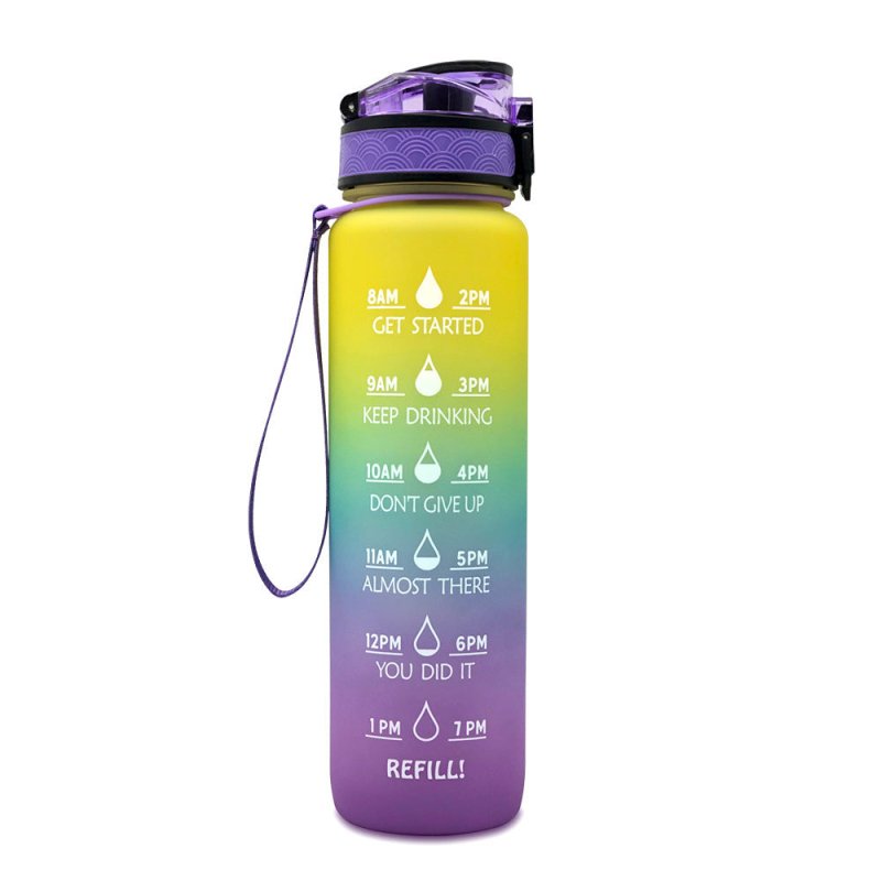 1L Tritan Water Bottle With Time Marker Bounce Cover Motivational Water Bottle Cycling Leakproof Cup For Sports Fitness Bottles $30.70 Dana Fashion Color: Purple blue yellow gradient capacity: 1L Dana's Kitchen Overview: 1. Unique Motivational Design: Thi