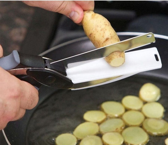 2 in 1 Stainless Steel Kitchen Knife Shears Vegetable Slicer $24.60 Dana Fashion default: default Dana's Kitchen Overview: Kitchen Tools Built with a cutting board - this kitchen scissors can complete such work by itself as cut and slice vegetables and fr