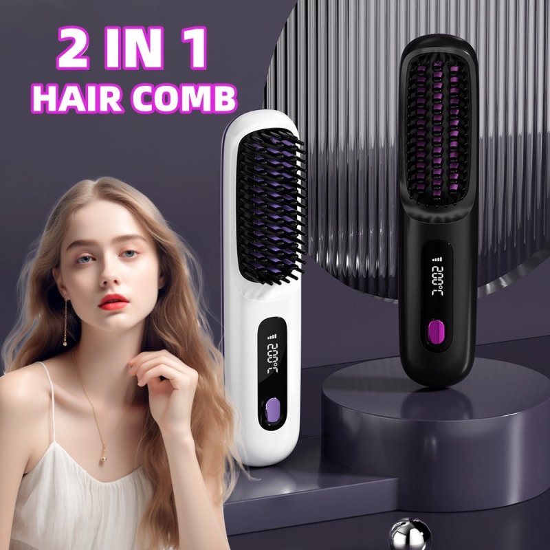 2 In 1 Straight Hair Comb Wireless Hair Straightener Brush Hair Fast Heating Portable Hot Curler USB Charging $59.99 Dana Fashion Color: LCD Black English Beauty Tools Overview: Great Convenience: Experience the freedom to style your hair anywhere, anytim