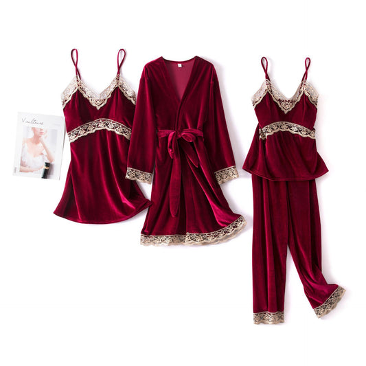 Sexy sling velvet 4-piece long-sleeved nightgown with chest pad home service women - Dana Fashion