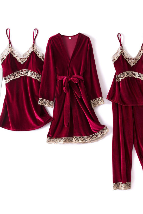 Sexy sling velvet 4-piece long-sleeved nightgown with chest pad home service women - Dana Fashion