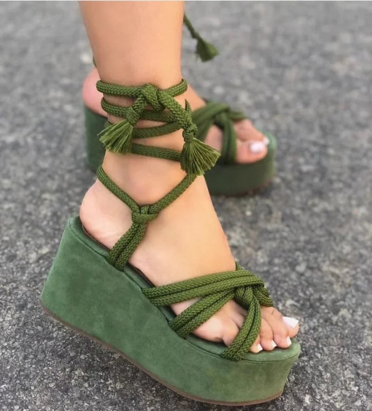 2024 Summer New Platform Wedge Sandals for Women Fashion Round $26.99 Dana Fashion Color: green Shoe Size: 42 Heel Height: High (5cm-8cm) With Platforms: Yes Platform Height: 3-5cm Sandal Type: basic Occasion: Casual Upper Material: PU Outsole Material: R