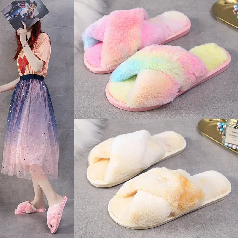 Fashion Cross Plush Casual Rainbow Slippers - DanaFashionstore