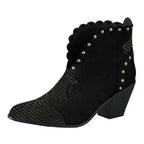 Block-heel rivet color-block snake print ankle boots - DanaFashionstore